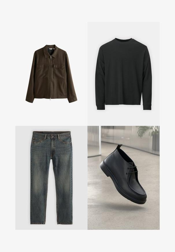 Brun jacka av vävt tyg, med krage, framdragkedja, två stora bröstfickor och rak skärning med långa ärmar.; Långärmad svart T-shirt gjord av bomull, med rund halsringning, lös passform och ribbade ärmslut. Slät textur utan synliga mönster.; Blå denim jeans med en rak bendesign, som har en klassisk femfickestil, stygnaccent och en något urtvättad finish.; Svart lädersko med en slät yta, rund tå och snördesign; har en låg profil sula och en dragflik bak.