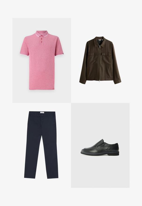 Ruda striukė iš audinio, su apykakle, priekyje su užtrauktuku, dviem didelėmis krūtinės kišenėmis ir tiesiu pasiuvimu su ilgomis rankovėmis.; Rožinė polo marškinė su trumpomis rankovėmis, sutraukta apykakle, trimis mygtukais ir kontrastingais baltais apvadais apykaklėje ir rankovėse.; Tamsiai mėlyni džinsai, pagaminti iš medvilnės, su glotnia tekstūra, turintys užtrauktuką, dirželių kilpas ir šonines kišenes funkcionalumui.; Juodai odiniai įtvirtinimo batai su lygiu paviršiumi, siuvinėjimo akcentais, apvalia nosimi ir žemu guminiu kulnu. Pado raštas minimalus.