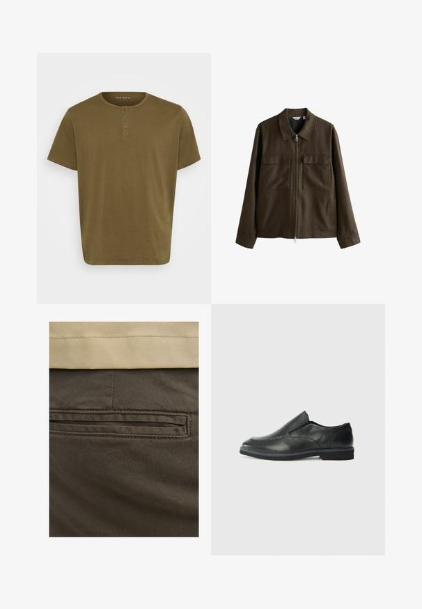 Jachetă maro din pânză țesută, cu guler, fermoar frontal, două buzunare mari pe piept și croială dreaptă cu mâneci lungi.; Tricou verde măsliniu cu guler rotund, mâneci scurte și închidere cu trei butoane. Fabricat din bumbac moale, cu o textură netedă.; Pantaloni din bumbac maroni cu un buzunar posterior vizibil, accentuați de cusături subtile și o textură netedă. Talie este într-o nuanță de bej contrastantă.; Pantof de piele neagră, tip slip-on, cu un superior neted, accente cusute, vârf rotunjit și un toc jos din cauciuc. Talpa are un profil minim de aderență.