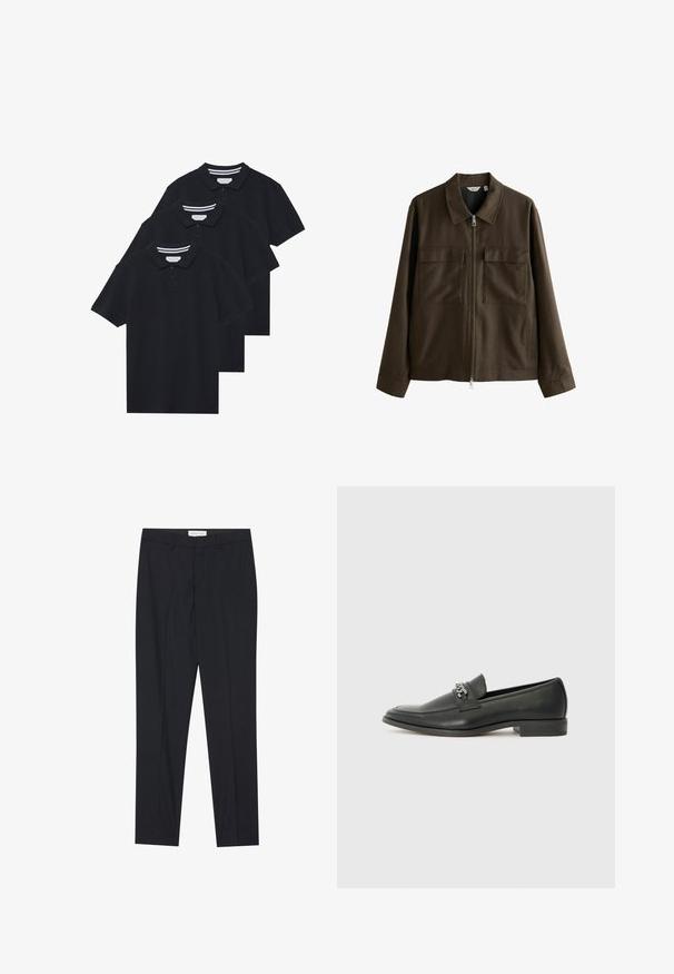Ruda striukė iš audinio, su apykakle, priekyje su užtrauktuku, dviem didelėmis krūtinės kišenėmis ir tiesiu pasiuvimu su ilgomis rankovėmis.; Trys juodos medvilnės polo marškiniai su klasikiniu apykakle, dviejų mygtukų užtrauktuku ir kontrastinga juostele ant apykaklės.; Juodos pritaikytos kelnės su lygia priekine dalimi, standartinio kirpimo, pagamintos iš lygios medžiagos, su prispaustomis raukinėmis ir šoninėmis kišenėmis.; Juodos odinės loafer tipo bateliai su lygiu paviršiumi, turintys siuvinėtą dizainą ir dekoratyvų metalo grandinėlės akcentą ant batų viršaus. Plokščias kulnas.
