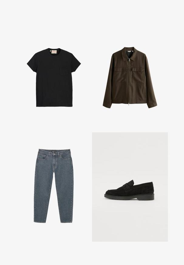 Ruskea takki, joka on valmistettu kudotusta kankaasta, jossa on kauluksellinen kaula, etuvetoketju, kaksi suurta rintataskua ja suora leikkaus pitkillä hihoilla.; Musta puuvillapaita, jossa on pyöreä kaula-aukko, lyhyet hihat ja vasemmalla puolella rintatasku. Sujuva tekstuuri ja minimalistinen muotoilu.; Tummansiniset farkut rentoa istuvuutta, viisi-taskista muotoilua, napitus ja hieman kuluneet lahkeensuukkeet. Kestävä materiaali, jossa on hienovarainen tekstuuri.; Musta mokkasiinipohja, jossa on matala korko, ja jonka päällä on yksinkertainen nauha sekä teksturoitu yksityiskohta sivuilla.