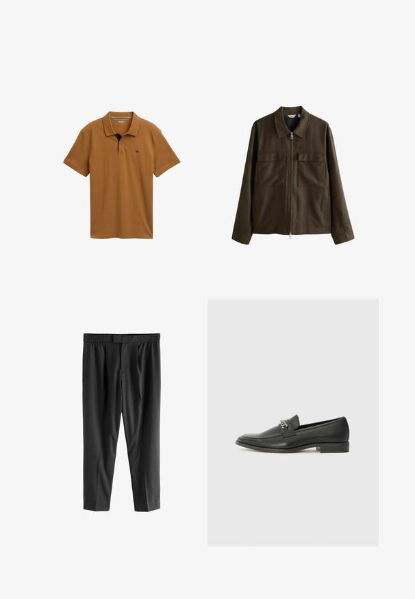 Jachetă maro din pânză țesută, cu guler, fermoar frontal, două buzunare mari pe piept și croială dreaptă cu mâneci lungi.; Polo de culoare maro, fabricat din bumbac fin, cu guler clasic, plasă cu trei nasturi și detalii contrastante de culoare bleumarin pe guler.; Next REGULAR FIT -CHECK SMART - Pantaloni chino - black; Pantofii negri din piele cu un finisaj neted, având un design cusut și un accent decorativ de lanț metalic peste partea de sus. Toc plat.