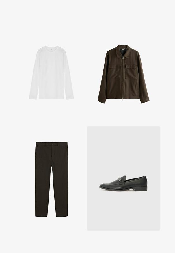 Bruine jas van geweven stof, met een kraag, een ritssluiting aan de voorkant, twee grote borstzakken en een rechte snit met lange mouwen.; NN.07 Longsleeve - white; Donkerbruine, geweven stofbroek met een recht model, voorzakken en een knoopsluiting op de taille. Glad textuur.; Zwarte leren instapper met een gladde afwerking, voorzien van een gestikt ontwerp en een decoratieve metalen kettingaccent over de wreef. Platte hak.
