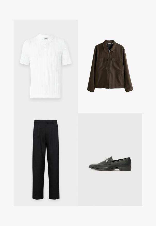 Giacca marrone realizzata in tessuto intrecciato, con colletto, zip frontale, due grandi tasche sul petto e una vestibilità dritta con maniche lunghe.; Polo shirt bianco a maniche corte realizzato in tessuto a maglia testurizzato, con colletto e pattina a tre bottoni, caratterizzato da un delicato motivo di righe verticali.; Pantaloni neri realizzati in tessuto liscio, caratterizzati da un taglio dritto, due pieghe frontali e una vita standard con passanti per la cintura.; Mocassino in pelle nera con finitura liscia, caratterizzato da un design cucito e da un accento decorativo in catena metallica sul vamp. Tacco piatto.