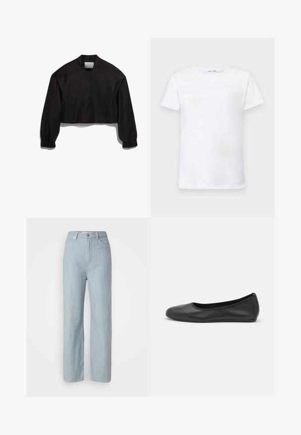 Black cropped jacket with a stand collar, long sleeves, elasticized cuffs, and two front pockets. Smooth texture with a matte finish.; White short-sleeve t-shirt made of cotton with a crew neck design. Smooth texture and straight cut, no patterns or accents.; Light blue straight-leg jeans made of denim. Features five pockets, a metal button closure, and subtle whiskering for texture.; Black leather ballet flat with a rounded toe, smooth texture, minimal stitching detail, and a flexible sole design.