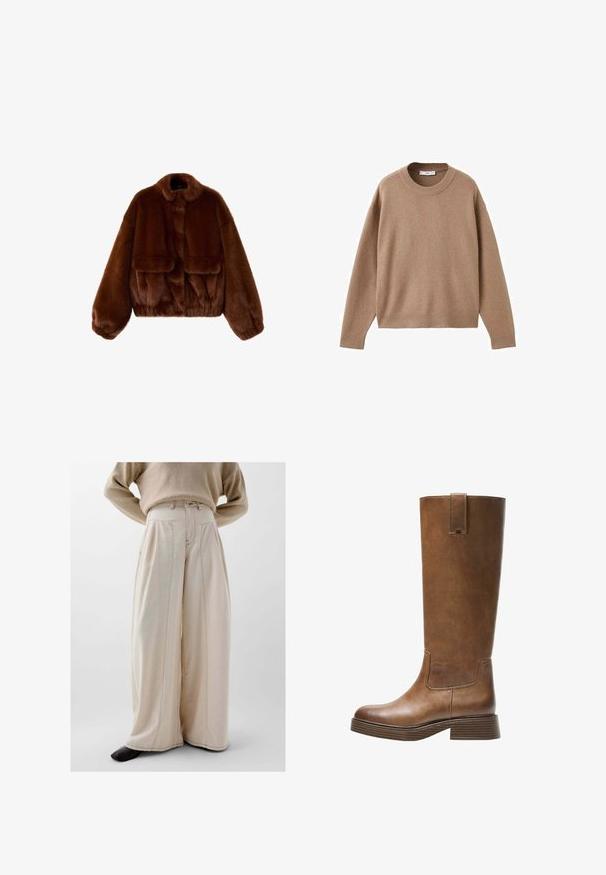 Veste cropped en fausse fourrure marron avec un col rond, des manches larges et deux poches avant. Texture douce avec une apparence moelleuse.; Pull en maille beige doux à manches longues et col rond, avec des poignets, un ourlet et un col côtelés, présenté à plat sur un fond blanc.; Pantalons grande largeur beige en tissu texturé, avec une taille haute, des plis à l'avant et des détails de couture visibles.; Botte en cuir marron, montée jusqu'au genou, avec un bout arrondi, une surface texturée et un petit talon empilé. Elle présente un panneau latéral et une languette sur le dessus.