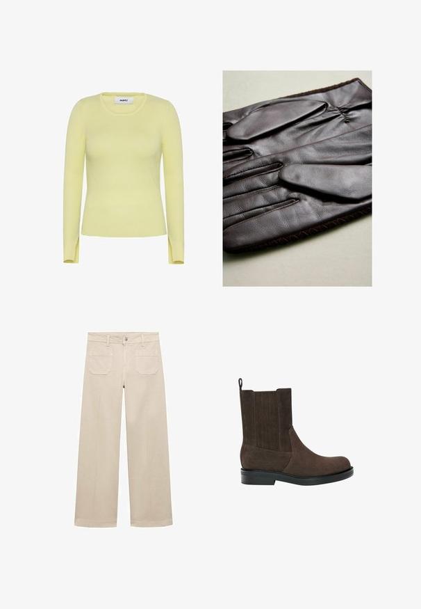 Hnědá umělá kožená krátká bunda s kulatým límcem, širokými rukávy a dvěma předními kapsami. Měkká textura s plyšovým vzhledem.; Hladký dlouhý svetr s ribováním v jemně žluté barvě, s kulatým výstřihem a postranními rozparky na lemu. Vyrobeno z pružné, strukturované tkaniny.; Beige široké kalhoty z bavlny. Mají zipový poklopec, přední knoflík a dvě našité kapsy na zadní straně. Čistý lem bez ozdob.; Hnědé semišové kotníkové boty s kulatou špičkou, elastickými bočními panely a texturovaným zádovým dílem. Mají plochou gumovou podrážku a poutko na obouvání.; Hnědé kožené rukavice s hladkým povrchem, mají pět prstů, elastické zápěstí a dekorativní šití podél okraje.