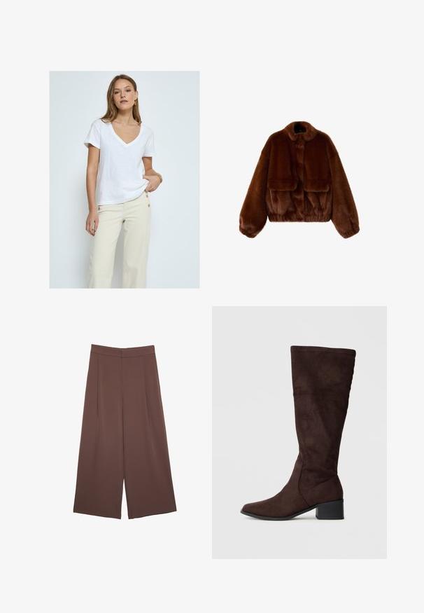 Brun faux fur cropped jakke med en rund krave, brede ærmer og to forlommer. Blød tekstur med et luksuriøst udseende.; Desires DEDANNON TEE - T-shirts basic - white; Brune bredbunde bukser med en glat tekstur, der har høj talje og plisseringer foran. Stoffet er let og falder løst.; Brune ruskindsknæhøje støvler med spids tå og blokhæl. Glat tekstur, tætsiddende design med minimale syninger.