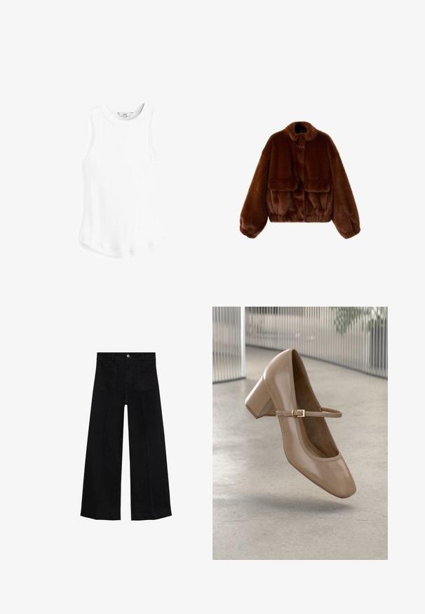 Brown faux fur cropped jacket with a round collar, wide sleeves, and two front pockets. Soft texture with a plush appearance.; Next RACER STANDARD - Top - white rib; Wide-leg black denim pants with high waist, front pockets, belt loops, and button closure.; Beige Mary Jane shoe with block heel and thin strap with gold buckle, suspended above smooth light gray floor in modern interior.