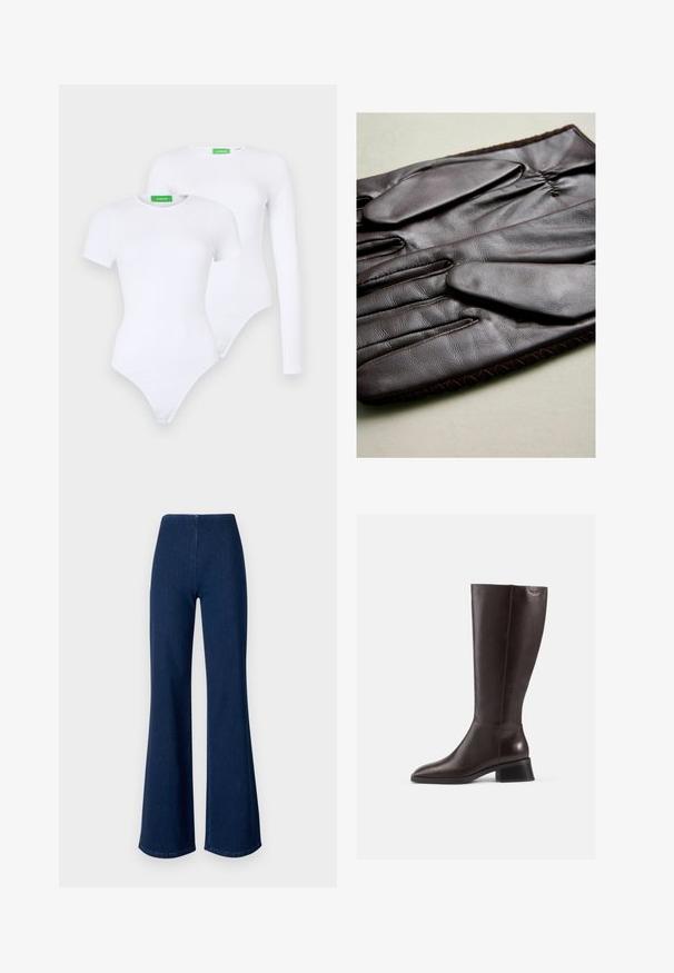 Hnedá umelá kožušinová skrátená bunda s okrúhlym golierom, širokými rukávmi a dvoma prednými vreckami. Mäkká textúra s plyšovým vzhľadom.; Dvoje bielych body s hladkým materiálom; jedno s krátkymi rukávmi a druhé s dlhými rukávmi. Obe majú úzky spodok a zelený štítok.; Tmavomodré rozšírené džínsy vyrobené z denimu s elastickým pásom. Majú hladkú textúru a široký strih, ktorý sa rozširuje až k spodnému okraju.; Hnedé kožené čižmy po kolená s hladkým povrchom, okrúhlou špičkou a čiernym vyvýšeným podpätkom. Jednoduchý dizajn s minimálnymi hardvérovými detailmi.; Hnedé kožené rukavice s hladkým povrchom, obsahujúce päť prstov, elastický zápästný okraj a dekoratívne prešívanie pozdĺž okraja.