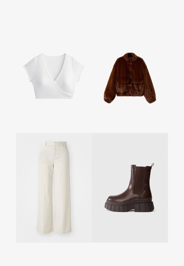 Ruskeaka faux fur jakku, jossa on pyöreä kaulus, leveät hihat ja kaksi etutaskua. Pehmeä pinta, jolla on ylellinen ulkonäkö.; OYSHO RIB SOFT TOUCH CROSSOVER - T-paita - white; Tilavat housut vaaleassa beigeissä sävyissä, valmistettu sileästä kankaasta. Ominaisuuksina klassinen vyötäröosa ja litteä etuosa, joissa on puhtaat linjat.; Tumma ruskea nahkasaapas nilkkamittaisella varrella, paksulla ja chunky-pohjalla sekä joustavalla sivupaneelilla, taustanaan yksinkertainen valkoinen tausta.