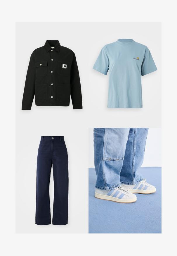 Casaco preto com botões à frente, quatro bolsos frontais, botões de metal, gola de veludo cotelê e uma etiqueta branca do logotipo Carhartt no bolso superior direito.; T-shirt de algodão de manga curta azul claro com decote redondo e pequeno logótipo da Carhartt em amarelo e vermelho no lado esquerdo do peito.; Calças de cargo largas em azul-marinho, feitas de um tecido de algodão resistente, com bolsos laterais e um fecho de botão na cintura.; Ténis cinza claro com riscas azuis, material de camurça suave, biqueira redonda e solas de borracha brancas; combinados com jeans de denim azul claro.