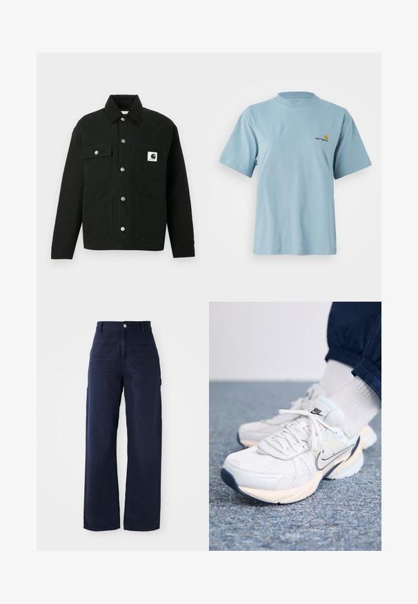 Svart jacka med knappar framtill, fyra fickor, metallknappar, manchesternkrage och en vit Carhartt-logotyp på den övre högra fickan.; Ljusblå kortärmad bomullströja med rund hals och liten gul och röd Carhartt-logga på vänster bröst.; Marinblå vida cargobyxor i kraftig bomull, med sidofickor och knäppning i midjan.; Nike träningsskor med ovandel i mesh i vitt och ljusblått, med en tjock sula, snörning och en navy swoosh-accent.