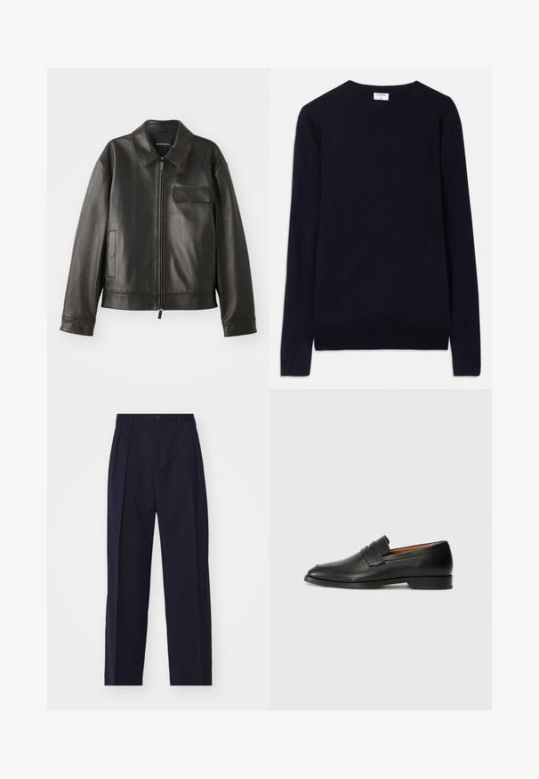 Jachetă din piele neagră cu guler, fermoar frontal și două buzunare laterale. Include un buzunar pe piept cu detaliu de clapetă și textură netedă.; Pulover albastru marin cu guler rotund, realizat dintr-un material moale, având mâneci lungi și detalii ribelate la guler și la poale. Design curat, minimalist.; Pantaloni navy blue, croiți, cu design drept, pliuri în față, închidere cu nasture și fără buzunare vizibile. Textură de material neted.; Lofer din piele neagră, cu vârf rotund, detalii cusute subtile și toc jos, având o textură netedă și un design minimalist.