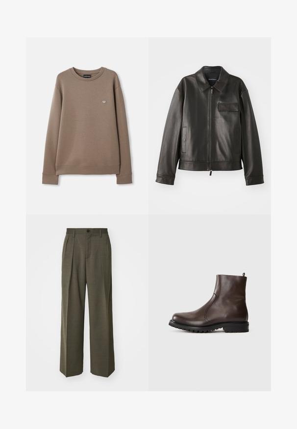 Schwarze Lederjacke mit Kragen, Frontreißverschluss und zwei Seitentaschen. Verfügt über eine Brusttasche mit Klappendetail und glatter Textur.; Brauner Langarm-Crewneck-Sweatshirt mit kleinem Emporio Armani Logo-Patch auf der linken Brust, auf einem schlichten weißen Hintergrund dargestellt.; Filippa K WIDE TROUSERS - Stoffhose - driftwood; Braune Leder-Stiefeletten mit glatter Textur, elastischen seitlichen Einsätzen, einer Schlaufe hinten und einer robusten Gummisohle.