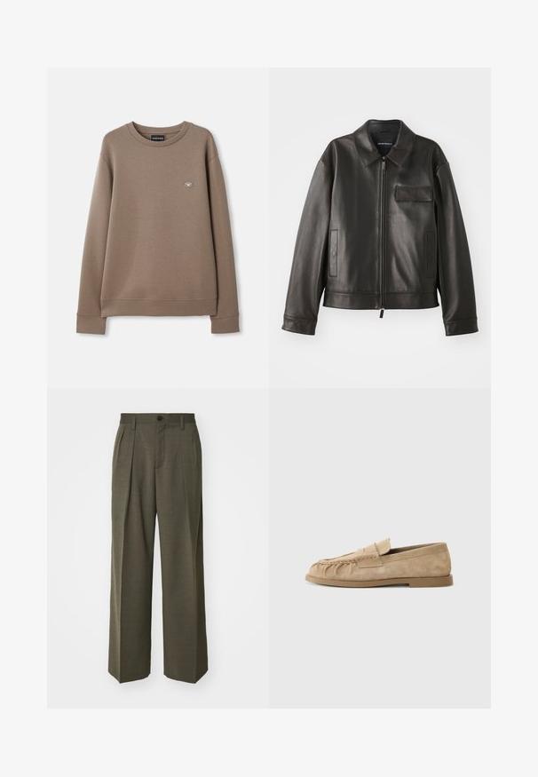 Zwarte leren jas met een kraag, voorkant met rits en twee zijzakken. Heeft een borstzak met klepsluiting en een gladde textuur.; Bruine lange mouwen sweatshirt met ronde hals en een klein Emporio Armani logo op de linkerkant van de borst, gepresenteerd op een plain witte achtergrond.; Filippa K WIDE TROUSERS - Broek - driftwood; Beige suède instappers met een geraffineerd ontwerp, voorzien van een platte zool en een decoratieve strap over de wreef. Glad van structuur.