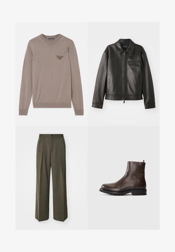 Black leather jacket with a collar, front zipper, and two side pockets. Features a chest pocket with flap detail and smooth texture.; Beige sweater with long sleeves, round neck, ribbed hem, and an embroidered logo in the chest area. Made from a soft, lightweight fabric.; Filippa K WIDE TROUSERS - Trousers - driftwood; Brown leather ankle boot with a smooth texture, elastic side panels, pull tab at the back, and a rugged rubber sole.