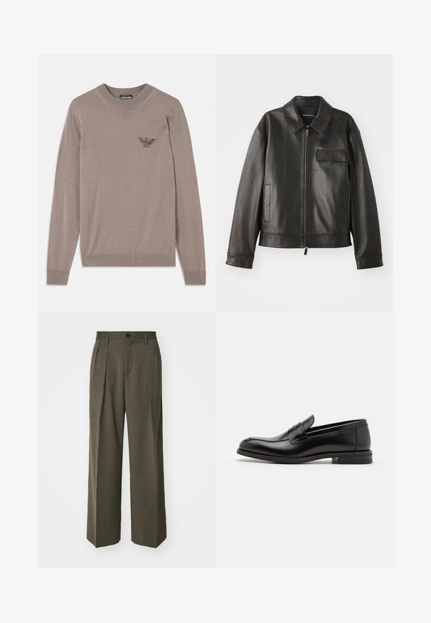 Zwarte leren jas met een kraag, voorkant met rits en twee zijzakken. Heeft een borstzak met klepsluiting en een gladde textuur.; Beige trui met lange mouwen, ronde hals, geribbelde zoom en een geborduurd logo op de borst. Gemaakt van een zachte, lichtgewicht stof.; Filippa K WIDE TROUSERS - Broek - driftwood; Zwarte leren instappers met een gladde textuur, ronde neus en een decoratieve band over de wreef. Lage, gestapelde hak en minimalistisch ontwerp.