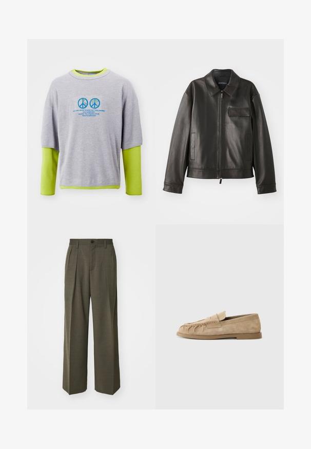 Svart läderjacka med krage, framdragkedja och två sidofickor. Har en bröstficka med klaffdetalj och slät yta.; Grå bomullssweatshirt med ett klart grönt innerlager, prydd med blå fredssymboler och texttryck på framsidan. Korta ärmar, avslappnad passform.; Långärmad skjorta i taupe-färg, gjord av mjukt tyg, med knappar framtill och mörka knappar, samt en liten logotyp på bröstet.; Filippa K WIDE TROUSERS - Tygbyxor - driftwood; Beiga mockasiner i ruggat läder med en samlad design, som har en platt sula och ett dekorativt band över framfoten. Slät textur.