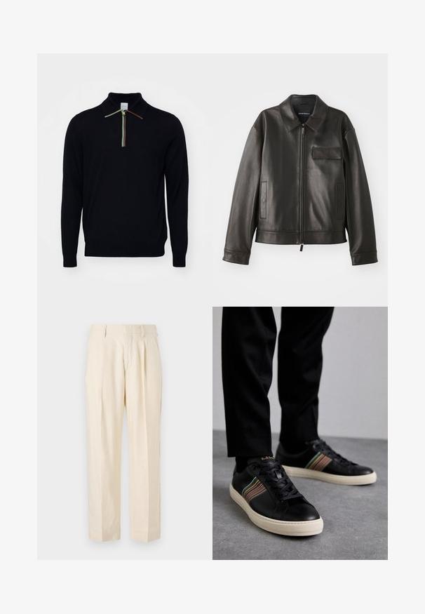 Black leather jacket with a collar, front zipper, and two side pockets. Features a chest pocket with flap detail and smooth texture.; Paul Smith SWEATER - Jumper - black; NN.07 KAY - Trousers - off white; Black leather sneakers with multicolored striped accents, round toe, and white rubber soles, featuring lace-up design and embossed branding.