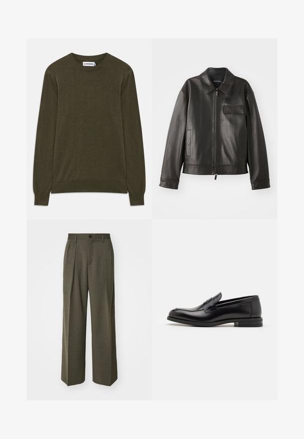Must värvi nahast jakk, millel on krae, esitõmblus ja kaks külge taskut. Omab rinna taskut klapiga detailiga ja sujuva tekstuuriga.; Tume roheline, pikad varrukad, soonikute ja äärisega sviiter. Valmistatud pehmest materjalist, klassikalise ümmarguse kaelusega ja minimalistliku disainiga.; Filippa K WIDE TROUSERS - Püksid - driftwood; Mustad mustad nahast loafers sileda tekstuuriga, ümarat ninaosa ja dekoratiivne riba vampi üle. Madal kihiline konts, minimalistlik disain.