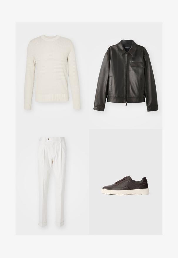 Schwarze Lederjacke mit Kragen, Frontreißverschluss und zwei Seitentaschen. Verfügt über eine Brusttasche mit Klappendetail und glatter Textur.; J.LINDEBERG OLIVER STRUCTURE - Strickpullover - moonbeam; Weiße, maßgeschneiderte Hosen mit flachem Bund, zwei Falten und umgeschlagenen Säumen. Hergestellt aus einem glatten Stoff mit einem Knopfverschluss an der Taille.; Dunkelbraune Leder-Sneaker mit strukturiertem Finish, runder Zehenpartie und kontrastierender cremefarbener Gummisohle. Verfügt über Schnürsenkel und dezente Nähdetails.
