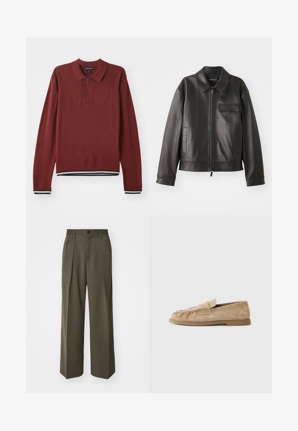 Svart läderjacka med krage, framdragkedja och två sidofickor. Har en bröstficka med klaffdetalj och slät yta.; Burgunderry långärmad polo med dragkedja, med ribbad nederkant och ärmslut med marinblå och vita ränder, tillverkad av mjukt tyg.; Filippa K WIDE TROUSERS - Tygbyxor - driftwood; Beiga mockasiner i ruggat läder med en samlad design, som har en platt sula och ett dekorativt band över framfoten. Slät textur.
