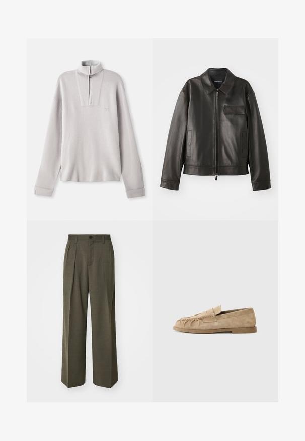 Černá kožená bunda s límcem, předním zipem a dvěma bočními kapsami. Obsahuje kapsu na hrudi s klopou a hladkou texturou.; Světlý šedý fleecový svetr s polozipem, dlouhými rukávy a malým logem na hrudi. Měkká textura a volný střih.; Filippa K WIDE TROUSERS - Kalhoty - driftwood; Béžové semišové slip-on mokasíny s nařaseným designem, mají plochou podrážku a dekorativní pásek přes nárt. Hladký povrch.