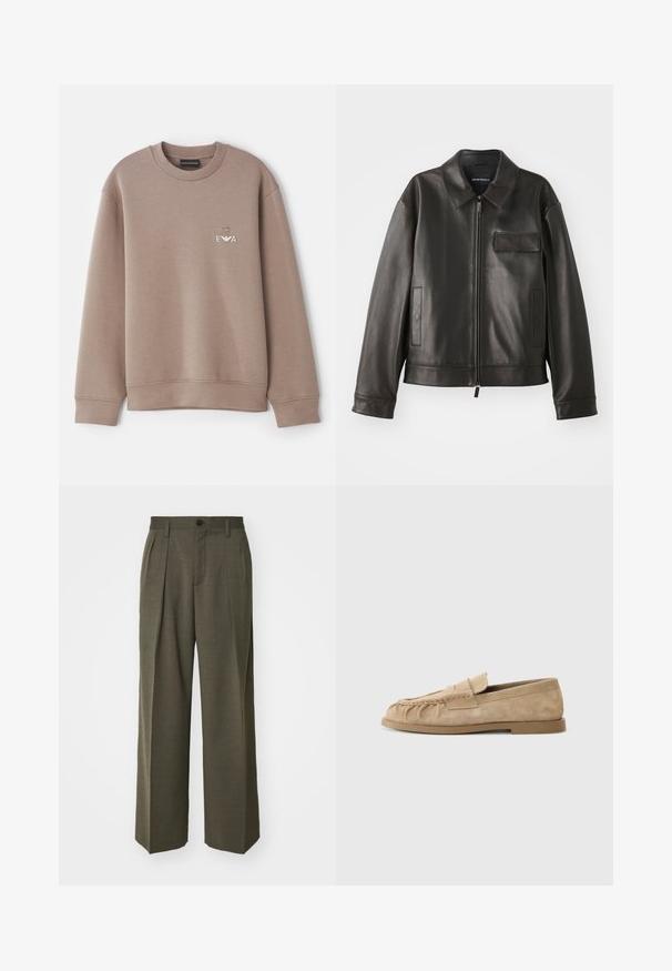 Giacca di pelle nera con colletto, zip frontale e due tasche laterali. Presenta una tasca sul petto con dettaglio a patta e una texture liscia.; Felpa marrone realizzata in materiale morbido. Presenta un colletto a girocollo e polsi a costine. Logo decorativo "EVA" sul petto con un emblema sopra.; Filippa K WIDE TROUSERS - Pantaloni - driftwood; Mocassini slip-on in suede beige con un design arricciato, dotati di suola piatta e una fascia decorativa sul collo del piede. Texture liscia.