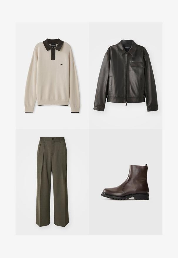 Black leather jacket with a collar, front zipper, and two side pockets. Features a chest pocket with flap detail and smooth texture.; Long-sleeve beige sweater with black collar and button placket, black logo on chest, ribbed cuffs, and hem with black trim.; Filippa K WIDE TROUSERS - Trousers - driftwood; Brown leather ankle boot with a smooth texture, elastic side panels, pull tab at the back, and a rugged rubber sole.