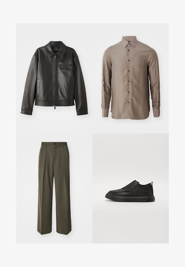 Fekete bőr dzseki gallérral, elülső cipzárral és két oldalsó zsebbek. Jellemzője a mellzsebpocket, amely fakkal díszített, sima textúrával.; Hosszú ujjú ing taupe színben, sima anyagból készült, gombos elülső résszel és sötét gombokkal, a mellkason pedig egy kis logó található.; Filippa K WIDE TROUSERS - Nadrágok - driftwood; The Antipode Sportcipő - black