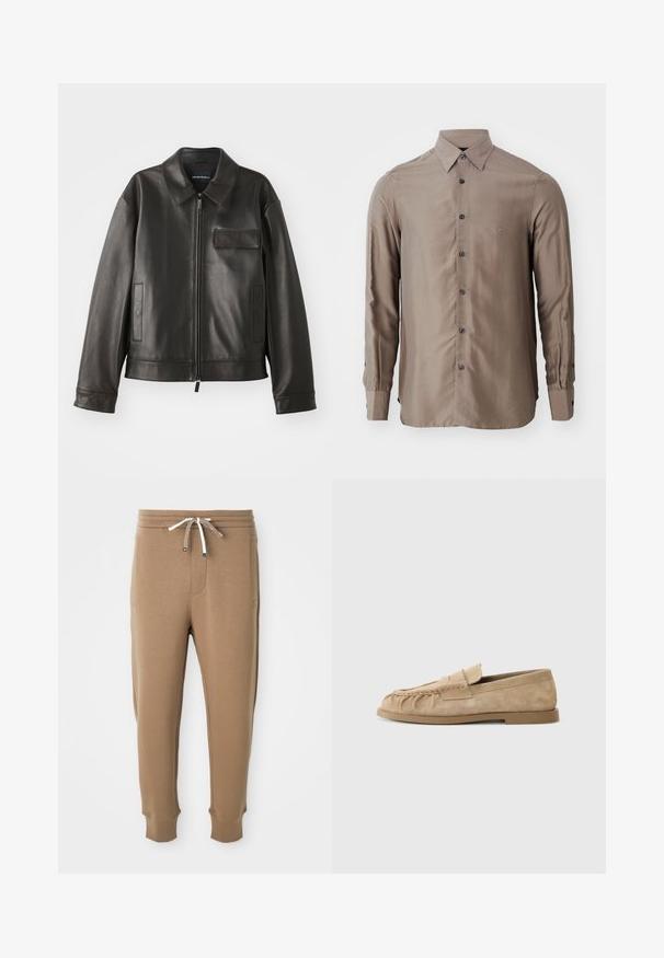 Juodas odinis švarkas su apykakle, priekiniu užtrauktuku ir dviem šoninėmis kišenėmis. Yra krūtinės kišenė su užsegimu ir lygaus paviršiaus tekstūra.; Ilgų rankovių marškiniai taupe spalvos, pagaminti iš lygaus audinio, su mygtukų užsegimu priekyje ir tamsiais mygtukais, su maža logotipo etikete ant krūtinės.; Šviesiai rudos spalvos sportiniai džinsai su elastinga juosmena, baltais ir ruda raiščiais, šoninėmis kišenėmis ir sijonu prie kulkšnies ant balto fono.; Bežiniai suede slip-on loaferi su surinkta dizainu, turintys plokščią padas ir dekoratyvinę juostelę per vampą. Lygi tekstūra.