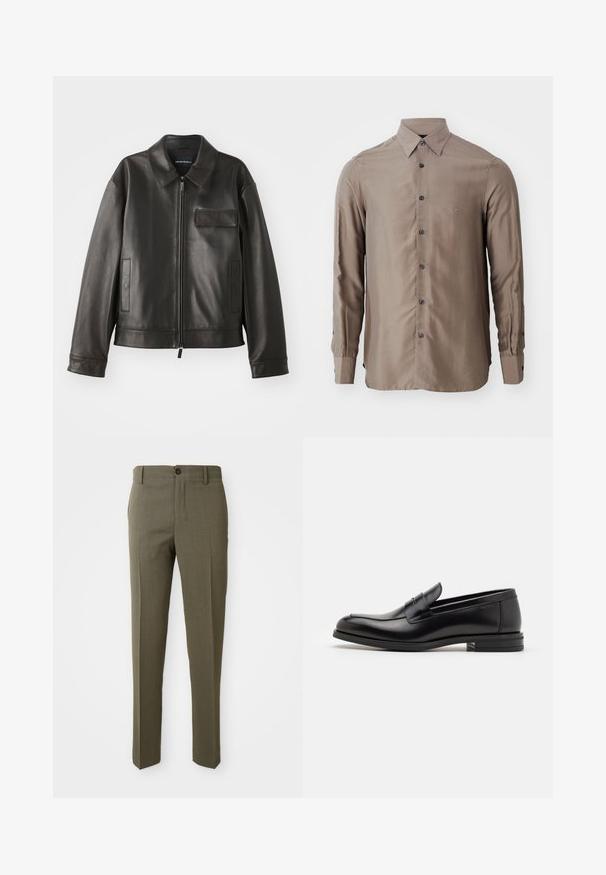 Melna ādas jaka ar apkakli, priekšējo rāvējslēdzi un diviem sānu kabatām. Iezīmē krūšu kabatu ar atloku un gludu tekstūru.; Ilgi piedurkņu krekls pelēkā krāsā, izgatavots no gludas auduma, ar pogājamu priekšpusi un tumšām pogām, ar mazu logotipu uz krūšu vietas.; Olīvu zaļi šaurie bikses ar gludu tekstūru, taisnu kāju dizainu, vienu priekšējo pogu un sānu kabatām funkcionalitātes nolūkos.; Melnas ādas kurpes ar gludu tekstūru, noapaļu purngalu un dekoratīvu siksniņu pāri priekšpusei. Zems sakrauts papēdis, minimālisma dizains.
