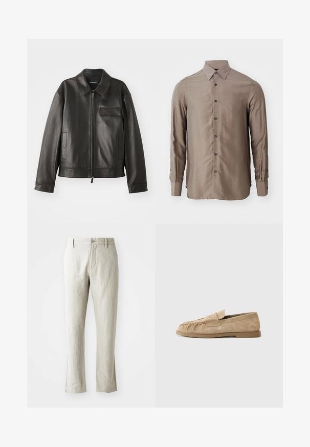 Zwarte leren jas met een kraag, voorkant met rits en twee zijzakken. Heeft een borstzak met klepsluiting en een gladde textuur.; Langarm overhemd in een taupe kleur, gemaakt van een gladde stof, met een knoopsluiting aan de voorkant en donkere knopen, voorzien van een klein logo op de borst.; Lichtbeige linnen broek met een rechte snit, subtiele textuur, sluiting met een knoop aan de voorkant en twee zijzakken. Gemaakt voor een strakke silhouet.; Beige suède instappers met een geraffineerd ontwerp, voorzien van een platte zool en een decoratieve strap over de wreef. Glad van structuur.