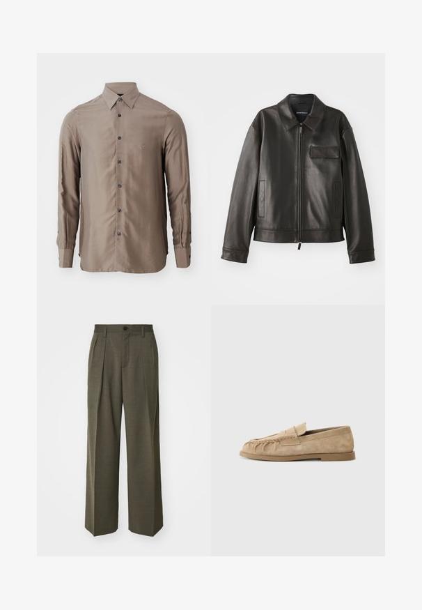 Čierna kožená bunda s golierom, predným zipsom a dvoma bočnými vreckami. Obsahuje aj vrecko na hrudi s chlopňou a hladký povrch.; Košeľa s dlhým rukávom v taupe farbe, vyrobená z hladkej tkaniny, s gombíkovým zapínaním vpredu a tmavými gombíkmi, s malým logom na hrudi.; Filippa K WIDE TROUSERS - Nohavice - driftwood; Bežové semišové slip-on mokasíny so zhrnutým dizajnom, s plochou podrážkou a dekoračným pásikom cez priehlavok. Hladký povrch.
