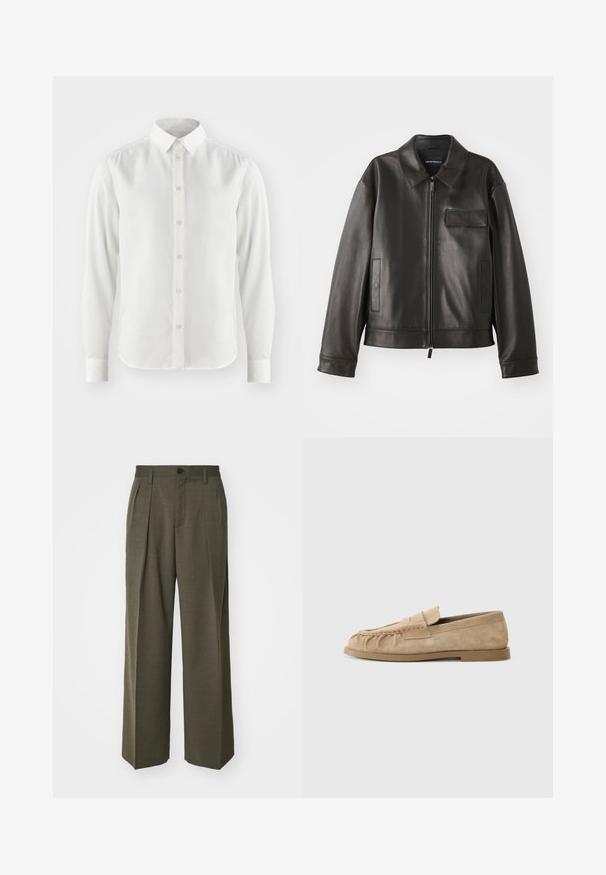 Čierna kožená bunda s golierom, predným zipsom a dvoma bočnými vreckami. Obsahuje aj vrecko na hrudi s chlopňou a hladký povrch.; Biela košeľa s dlhým rukávom vyrobená z hladkej tkaniny, s klasickým golierom a zapínaním na gombíky s svetlými gombíkmi.; Filippa K WIDE TROUSERS - Nohavice - driftwood; Bežové semišové slip-on mokasíny so zhrnutým dizajnom, s plochou podrážkou a dekoračným pásikom cez priehlavok. Hladký povrch.