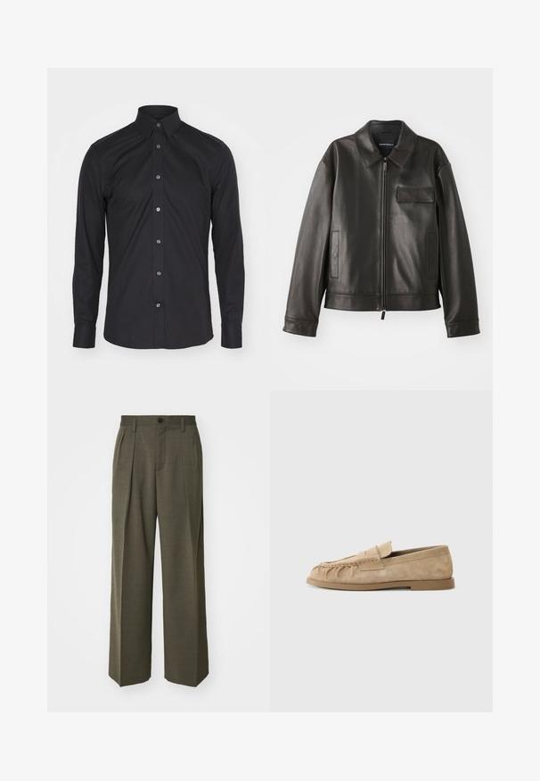 Juodas odinis švarkas su apykakle, priekiniu užtrauktuku ir dviem šoninėmis kišenėmis. Yra krūtinės kišenė su užsegimu ir lygaus paviršiaus tekstūra.; Tiger of Sweden ADLEY - Dalykiniai marškiniai - black; Filippa K WIDE TROUSERS - Kelnės - driftwood; Bežiniai suede slip-on loaferi su surinkta dizainu, turintys plokščią padas ir dekoratyvinę juostelę per vampą. Lygi tekstūra.