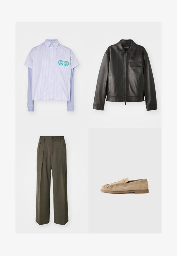 Chaqueta de cuero negro con cuello, cremallera frontal y dos bolsillos laterales. Presenta un bolsillo en el pecho con detalle de solapa y textura suave.; Camisa de botones de manga corta en rayas blancas y azules claras con un diseño corto. Presenta dos bordados de símbolos de paz en turquesa.; Filippa K WIDE TROUSERS - Pantalones - driftwood; Mocasines de ante beige sin cordones con un diseño recogido, que presentan una suela plana y una correa decorativa en el empeine. Textura suave.