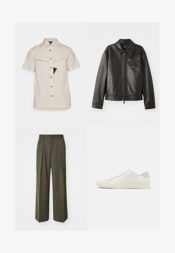 Czarna skórzana kurtka z kołnierzykiem, przednim zamkiem błyskawicznym i dwiema bocznymi kieszeniami. Posiada kieszeń na piersi z klapką i gładką fakturę.; Beżowa koszula z krótkim rękawem, z kołnierzykiem, dwoma kieszeniami z przodu, czarnymi guzikami oraz trójkątnym akcentem w kolorze niebieskim i czarnym na kieszeni piersiowej.; Filippa K - Spodnie materiałowe; Białe skórzane sneakersy o gładkiej powierzchni, okrągłym nosku i minimalistycznym wzornictwie. Zawierają beżowe akcenty na pięcie oraz gumową podeszwę.