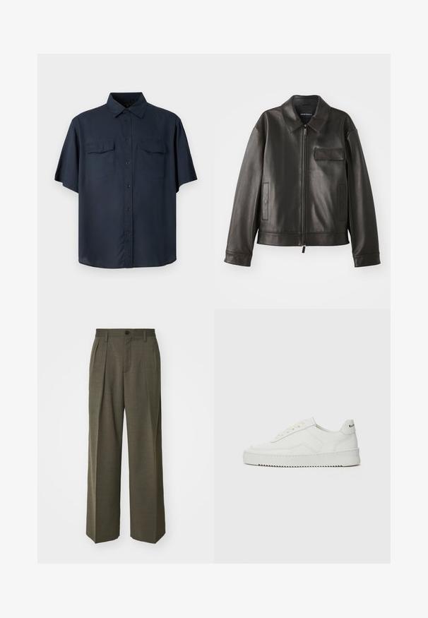 Black leather jacket with a collar, front zipper, and two side pockets. Features a chest pocket with flap detail and smooth texture.; Short-sleeve button-up shirt in dark navy fabric, featuring two chest pockets, a standard collar, and a relaxed fit with straight hem.; Filippa K WIDE TROUSERS - Trousers - driftwood; White leather sneaker with a smooth finish, round toe, flat laces, and a textured sole. Features a subtle logo on the heel.