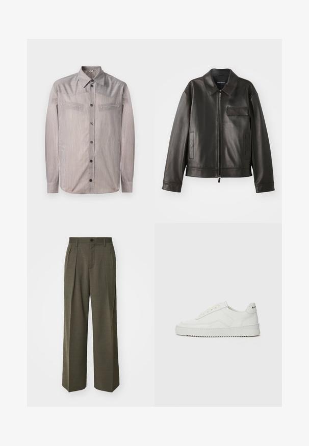 Černá kožená bunda s límcem, předním zipem a dvěma bočními kapsami. Obsahuje kapsu na hrudi s klopou a hladkou texturou.; Pruhovaná košile s knoflíky v světlých barvách, s klasickým límcem, dvěma náprsními kapsami a dlouhými rukávy. Hladká textura s jemným leskem.; Filippa K WIDE TROUSERS - Kalhoty - driftwood; Bílé kožené tenisky s hladkým povrchem, kulatou špičkou, plochými tkaničkami a texturovanou podrážkou. Na patě se nachází nenápadné logo.