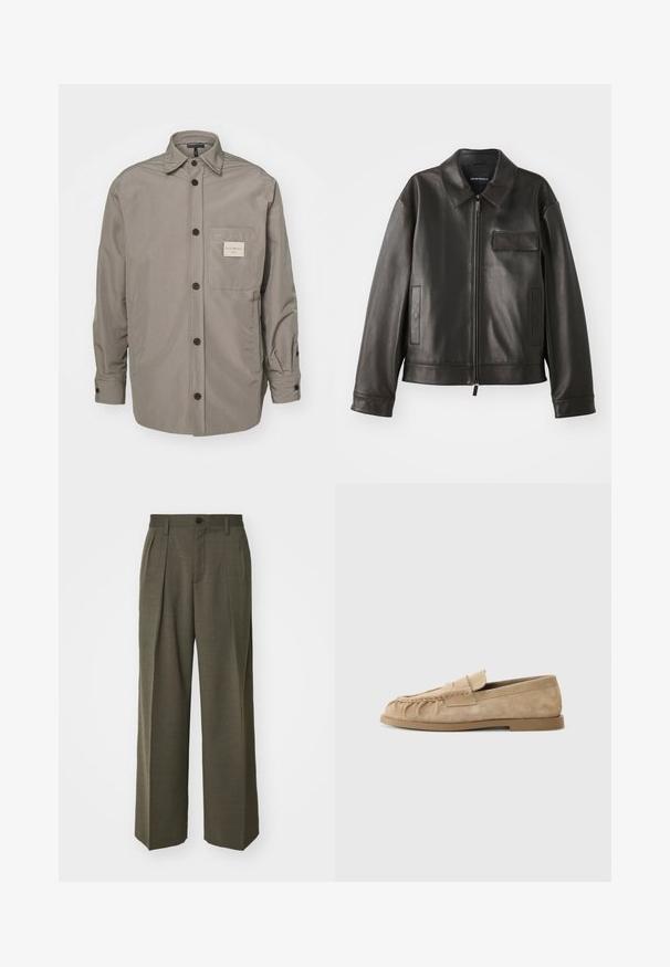 Juodas odinis švarkas su apykakle, priekiniu užtrauktuku ir dviem šoninėmis kišenėmis. Yra krūtinės kišenė su užsegimu ir lygaus paviršiaus tekstūra.; Pilkas mygtukų užsegimas švarkas, pagamintas iš sklandaus audinio; turi krūtinės kišenę su etikete, ilgas rankoves ir klasikinio kirpimo apykaklę.; Filippa K WIDE TROUSERS - Kelnės - driftwood; Bežiniai suede slip-on loaferi su surinkta dizainu, turintys plokščią padas ir dekoratyvinę juostelę per vampą. Lygi tekstūra.