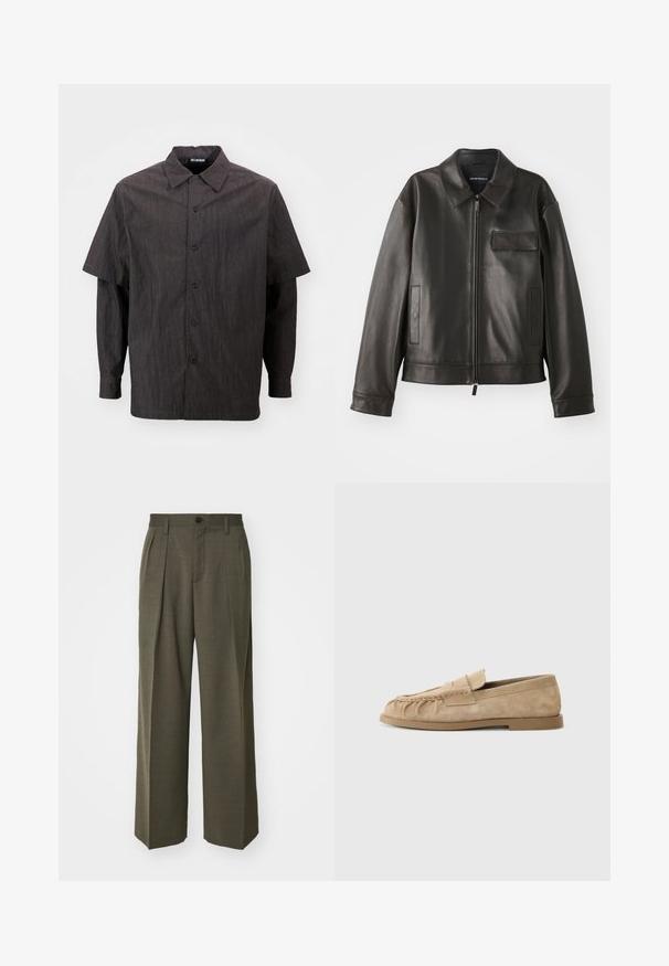 Schwarze Lederjacke mit Kragen, Frontreißverschluss und zwei Seitentaschen. Verfügt über eine Brusttasche mit Klappendetail und glatter Textur.; Han Kjøbenhavn TWO LAYERED - Hemd - dark grey; Filippa K WIDE TROUSERS - Stoffhose - driftwood; Beige Wildleder Slipper mit einer gerafften Gestaltung, ausgestattet mit einer flachen Sohle und einem dekorativen Riemen über dem Rist. Glatte Textur.