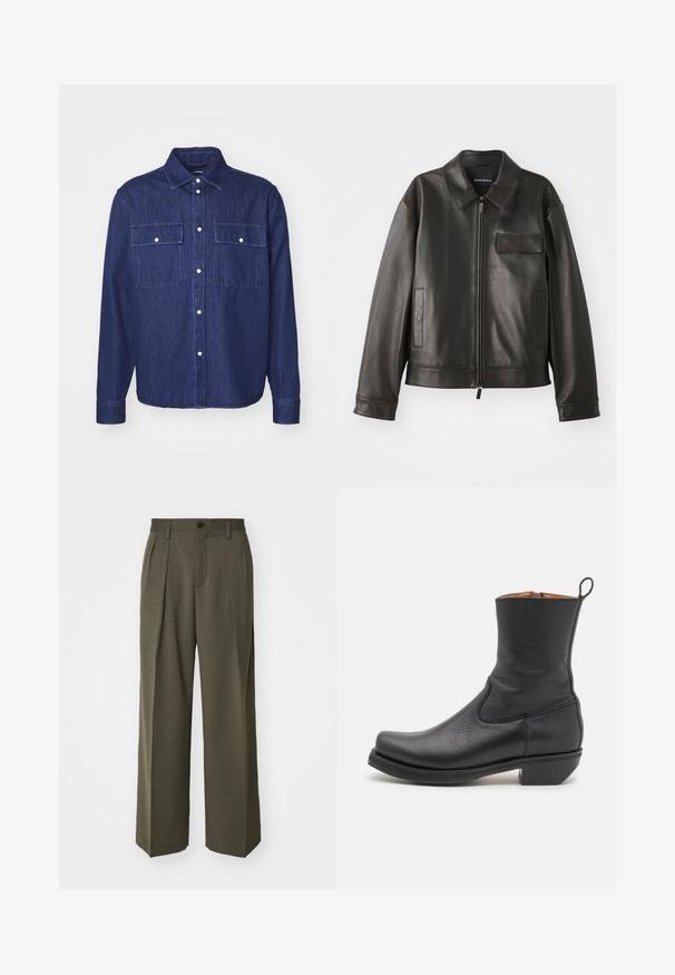 Jachetă din piele neagră cu guler, fermoar frontal și două buzunare laterale. Include un buzunar pe piept cu detaliu de clapetă și textură netedă.; Cămașă din denim închis, cu guler cu nasturi, două buzunare la piept și mâneci lungi. Prezintă nasturi albi și o textură ușor vizibilă.; Filippa K WIDE TROUSERS - Pantaloni - driftwood; Botină neagră din piele cu o textură netedă, profil subțire, cusături laterale și toc pătrat mic. Are o buclă de prindere în partea din spate.