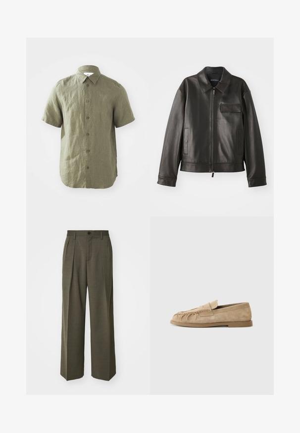 Veste en cuir noir avec un col, fermeture éclair à l'avant et deux poches latérales. Dispose d'une poche poitrine avec un rabat et une texture lisse.; Chemise à manches courtes vert olive en tissu texturé, dotée d'une fermeture à boutons sur le devant et d'un col, avec des coutures visibles et un ourlet arrondi.; Filippa K WIDE TROUSERS - Pantalon classique - driftwood; Mocassins slip-on en daim beige avec un design froncé, dotés d'une semelle plate et d'une bande décorative sur le devant. Texture lisse.