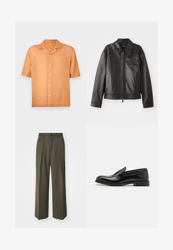 Melna ādas jaka ar apkakli, priekšējo rāvējslēdzi un diviem sānu kabatām. Iezīmē krūšu kabatu ar atloku un gludu tekstūru.; Kratkām piedurknēm, pogājama krekla gaiši oranžā lina audums ar iegrieztu apkakli un piecām pogām priekšā. Gluda tekstūra, ikdienišķs dizains.; Filippa K WIDE TROUSERS - Auduma bikses - driftwood; Melnas ādas kurpes ar gludu tekstūru, noapaļu purngalu un dekoratīvu siksniņu pāri priekšpusei. Zems sakrauts papēdis, minimālisma dizains.