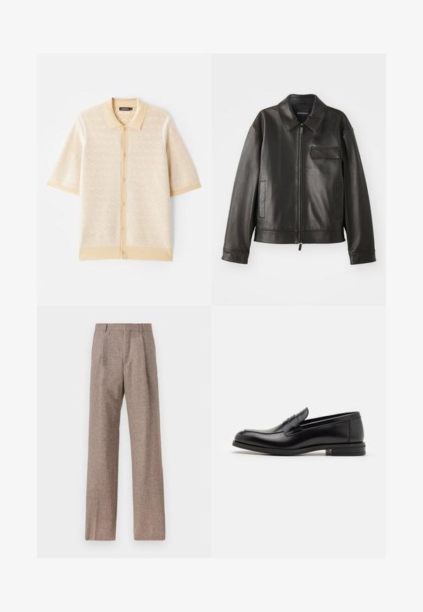 Černá kožená bunda s límcem, předním zipem a dvěma bočními kapsami. Obsahuje kapsu na hrudi s klopou a hladkou texturou.; Beige polo tričko s krátkým rukávem, s texturovaným pleteným vzorem a zapínáním na knoflíky. Obsahuje pevný límec a kontrastní detaily.; Hnědé kalhoty s vysokým pasem vyrobené z texturované látky. Mají široké nohavice a dva přední sklady pro strukturu. Úhledné provedení bez viditelné kovových částí.; Černé kožené polobotky s hladkou texturou, zaoblenou špičkou a zdobným páskem přes nárt. Nízký stohovaný podpatek, minimalistický design.