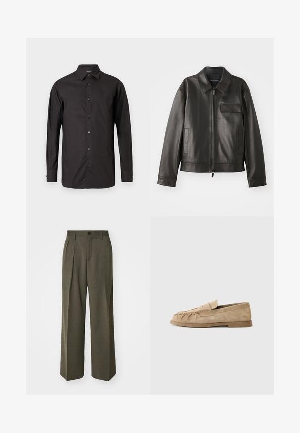 Black leather jacket with a collar, front zipper, and two side pockets. Features a chest pocket with flap detail and smooth texture.; Black long-sleeve shirt made of woven fabric, featuring a button-up front, a pointed collar, and a textured pattern.; Filippa K WIDE TROUSERS - Trousers - driftwood; Beige suede slip-on loafers with a gathered design, featuring a flat sole and a decorative strap across the vamp. Smooth texture.