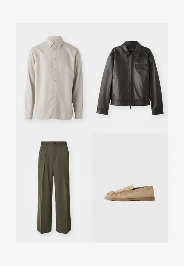 Juodas odinis švarkas su apykakle, priekiniu užtrauktuku ir dviem šoninėmis kišenėmis. Yra krūtinės kišenė su užsegimu ir lygaus paviršiaus tekstūra.; Beige spalvoto ilgomis rankovėmis marškiniai, pagaminti iš minkštos medžiagos, su mygtukų užsegimu priekyje, klasikiniu apykakle ir apvaliais rankogaliais.; Filippa K WIDE TROUSERS - Kelnės - driftwood; Bežiniai suede slip-on loaferi su surinkta dizainu, turintys plokščią padas ir dekoratyvinę juostelę per vampą. Lygi tekstūra.