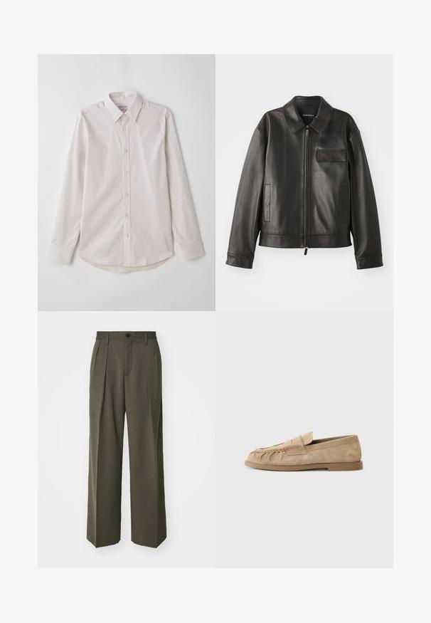 Sort læderjakke med krave, frontlynlås og to sidelommer. Har en brystlomme med klapdetalje og glat tekstur.; Lyserød langærmet skjorte med knapper og spread krave, vertikale striber og afrundet kant. Har beige knapper og en glat tekstur.; Filippa K WIDE TROUSERS - Bukser - driftwood; Beige ruskinds slip-on loafers med en sammenfoldet design, udstyret med en flad sål og en dekorativ rem over vristen. Glat tekstur.